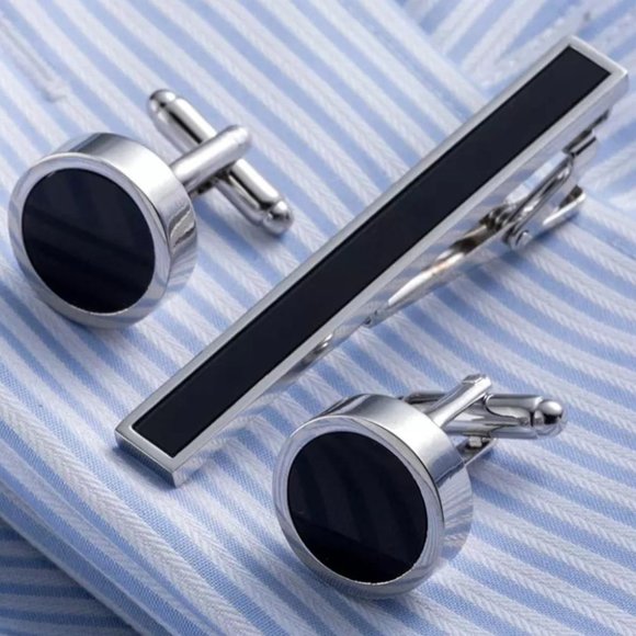 Stainless Steel Round Cuff Links Tie Clip Set - Picture 2 of 6